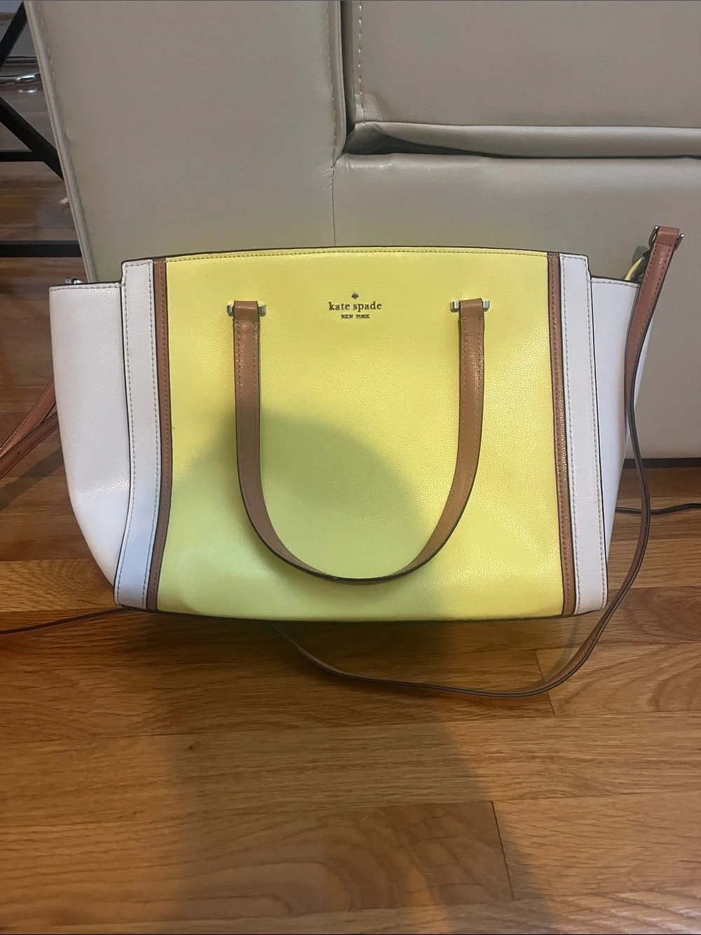 kate spade Lemon Yellow, White & Tan Leather Tote